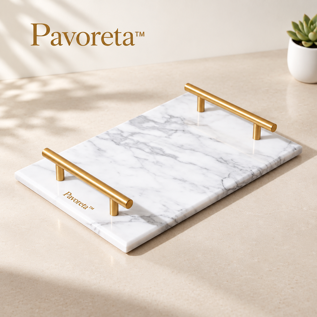 Pavoreta™ White Marble Vanity Tray with Brushed Gold Handles — gallery image 1
