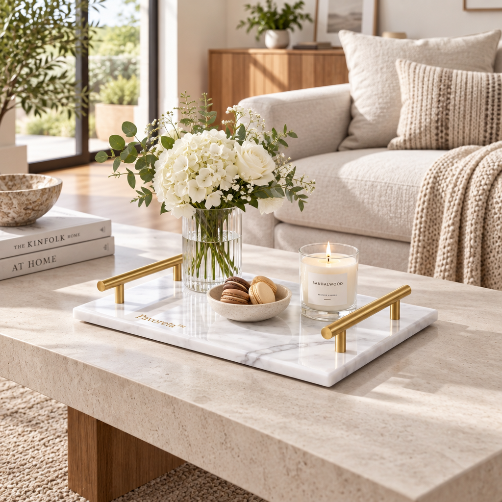Pavoreta™ White Marble Vanity Tray with Brushed Gold Handles — gallery image 2