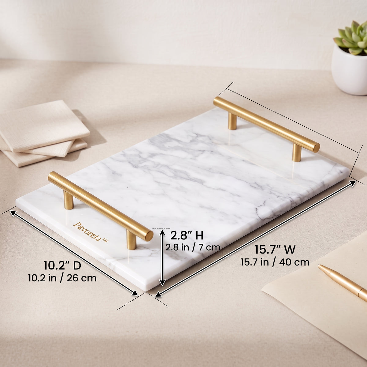 Pavoreta™ White Marble Vanity Tray with Brushed Gold Handles — gallery image 3