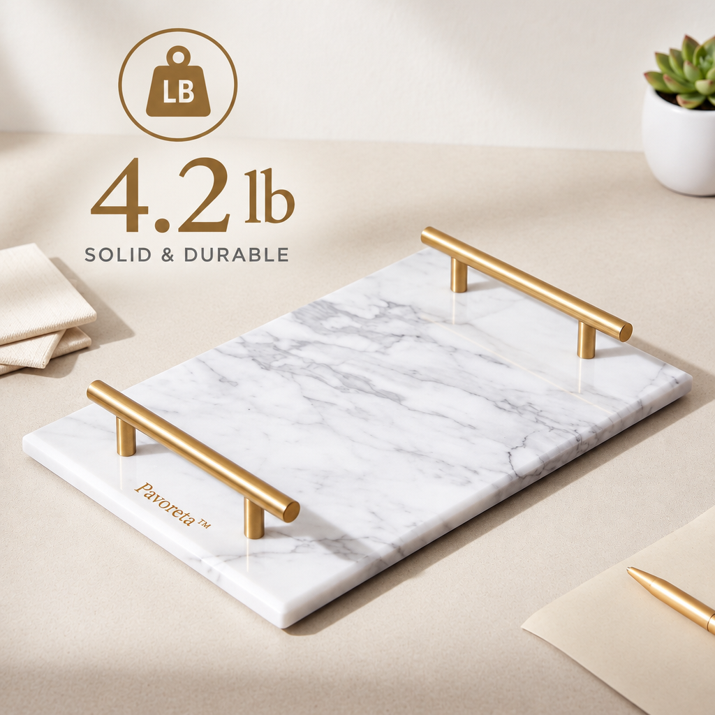 Pavoreta™ White Marble Vanity Tray with Brushed Gold Handles — gallery image 4