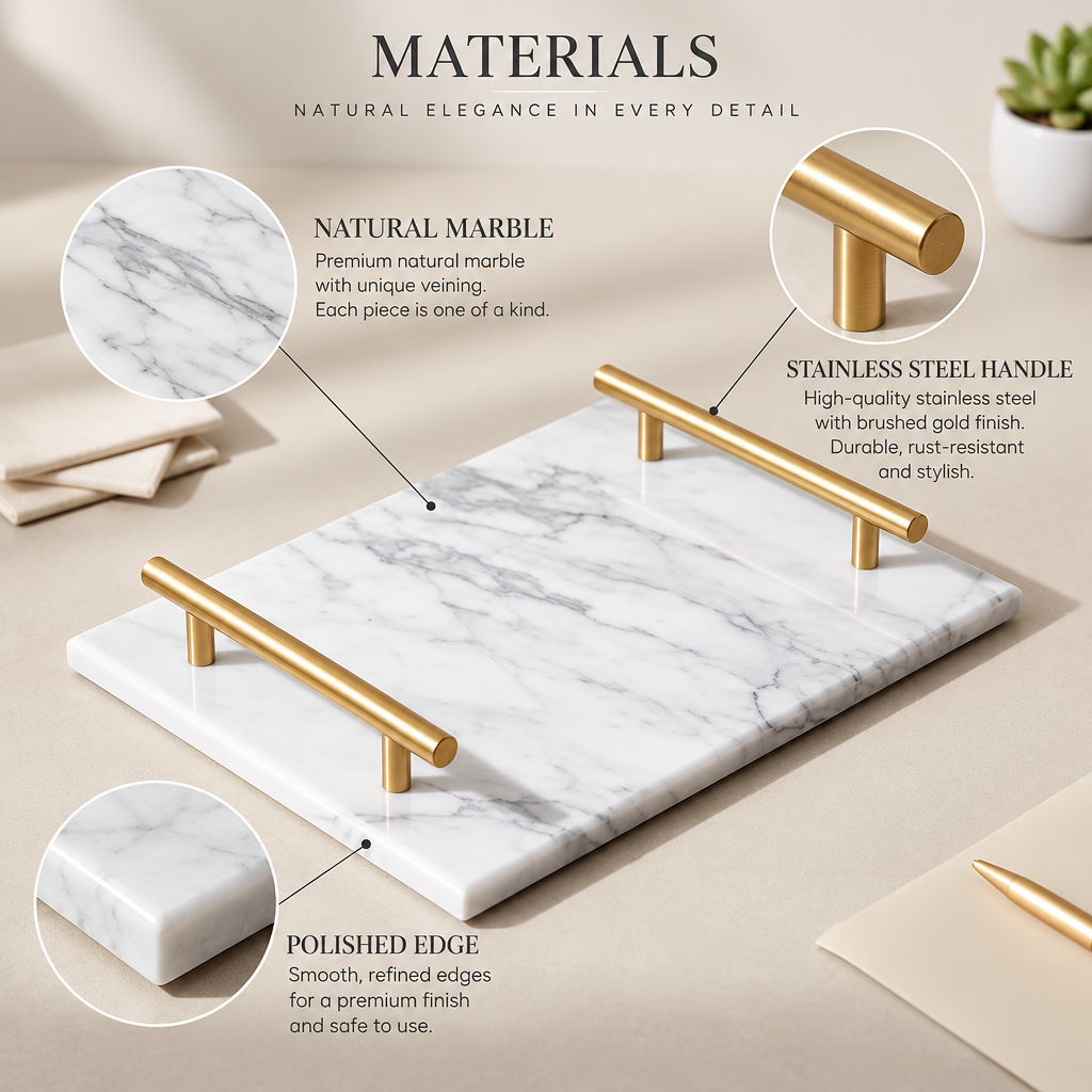 Pavoreta™ White Marble Vanity Tray with Brushed Gold Handles — gallery image 5