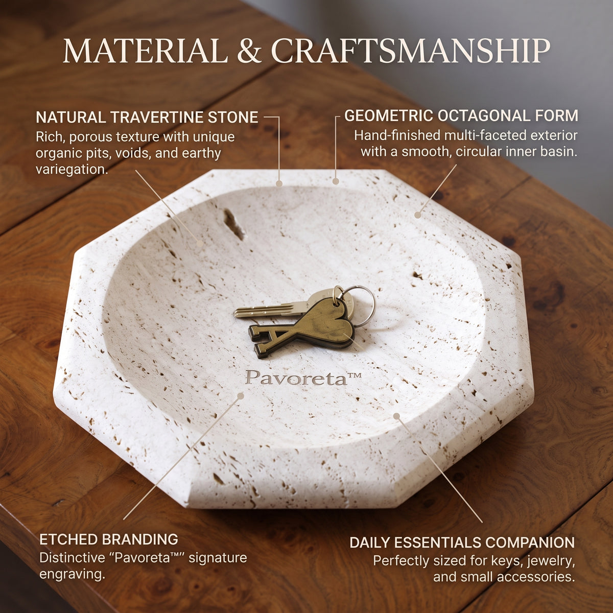 Pavoreta™ Octagonal Travertine Entryway Catchall Dish — product gallery image 5