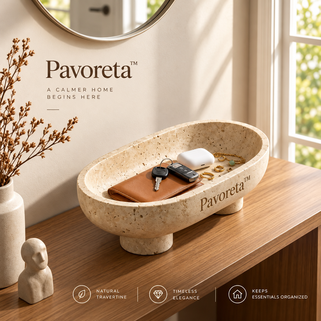 Pavoreta™ Sculpted Travertine Oval Vanity Dish — product gallery image 1