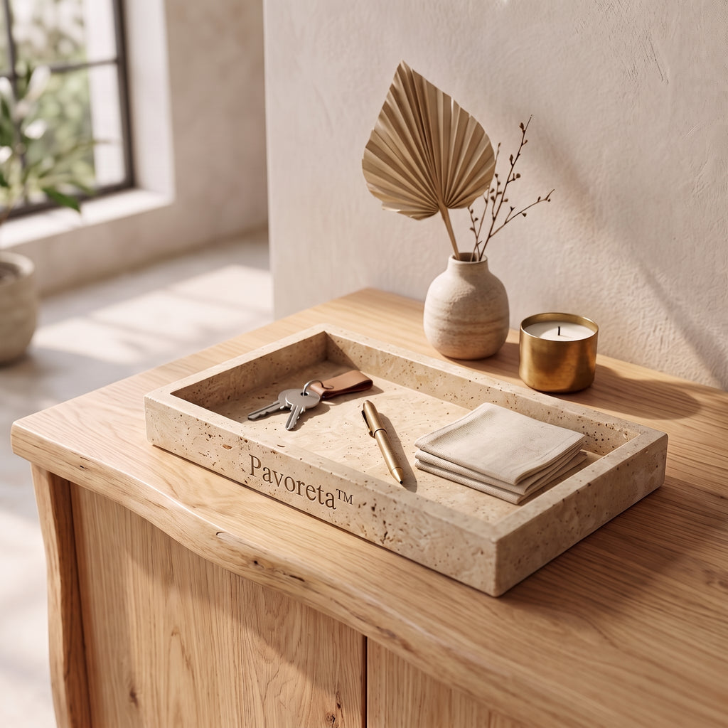 Pavoreta™ Natural Travertine Rectangular Accent Tray — product gallery image 1