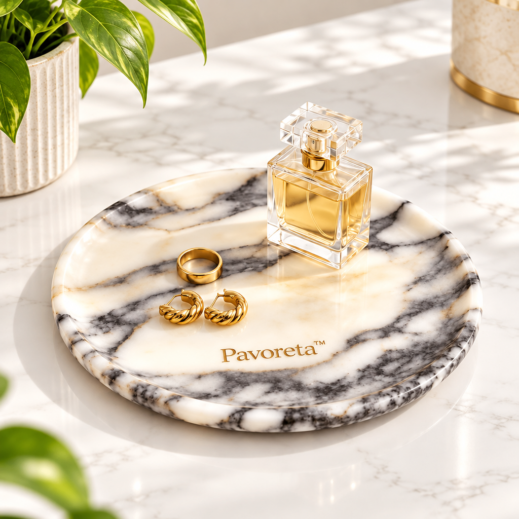 Pavoreta™ Polished White Marble Round Vanity Tray — product gallery image 1