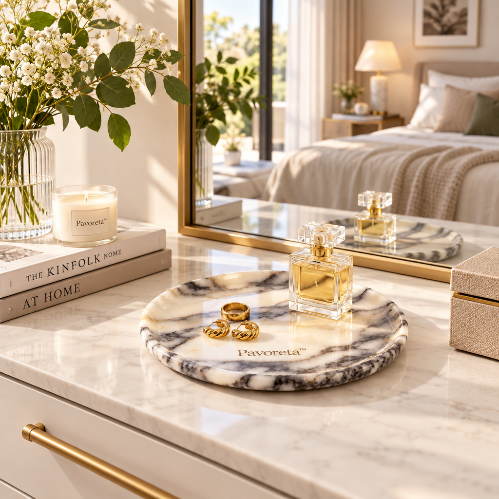 Pavoreta™ Polished White Marble Round Vanity Tray — product gallery image 2