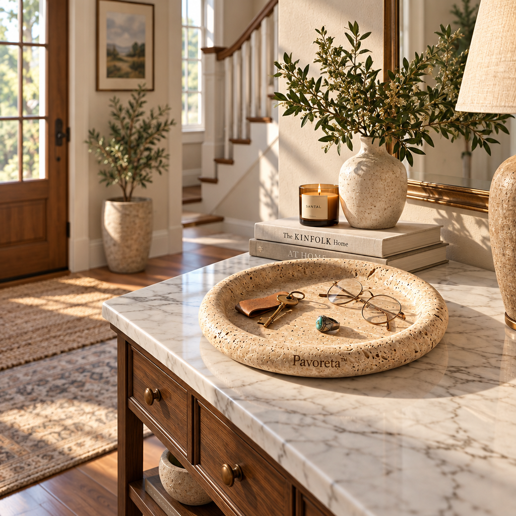 Pavoreta™ Textured Travertine Round Catchall Tray — product gallery image 2
